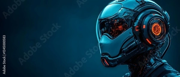 Fototapeta Portrait of a man-robot hybrid, blending organic and mechanical elements. This futuristic image embodies the fusion of technology and humanity, ideal for cyberpunk media, AI, and biomechanics topics.	