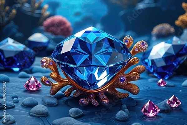 Fototapeta Stunning 3D Gemstones in Vibrant Cobalt Ocean Setting