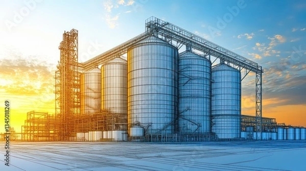 Obraz A rendering shows an industrial complex with silos at sunset