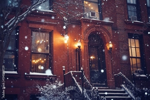 Fototapeta In a delightful urban neighborhood, a charming red brick building glows warmly under the soft light, creating a magical scene on a snowy night
