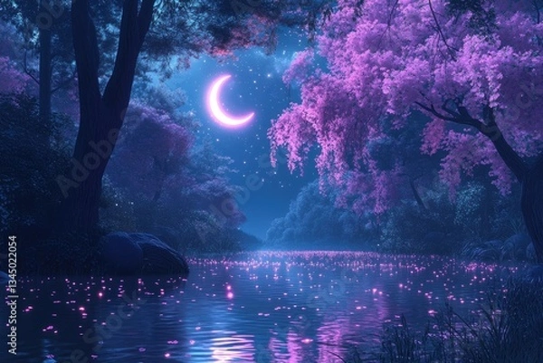 Fototapeta Magical night forest by a river