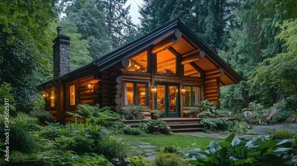 Obraz Cozy log cabin nestled in a lush forest setting surrounded by trees, greenery, and a warm inviting atmosphere