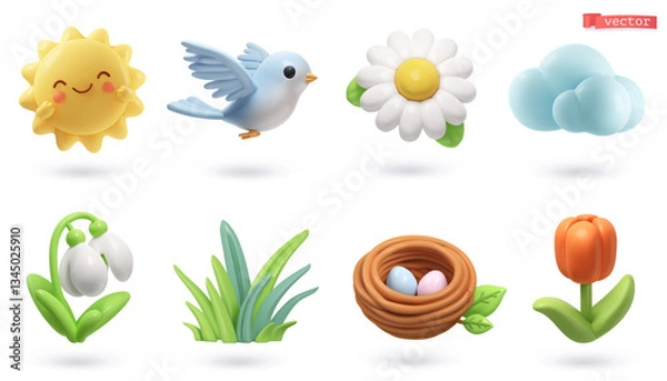 Fototapeta Spring 3d cartoon vector icon set. Sun, bird, chamomile, cloud, snowdrop, grass, nest, tulip