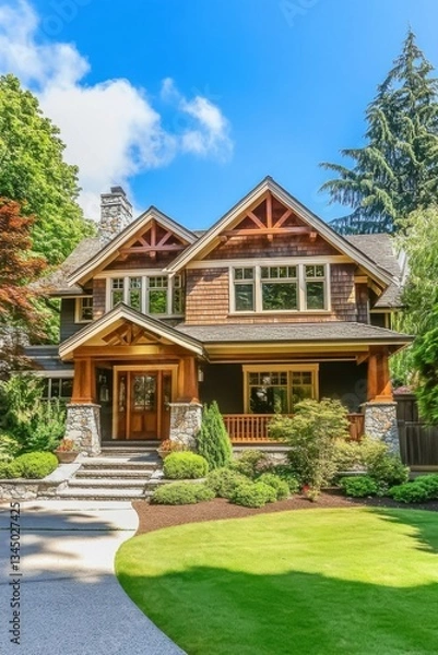 Fototapeta Beautifully designed two-story house with extensive greenery and inviting entryway located in a serene neighborhood on a sunny day