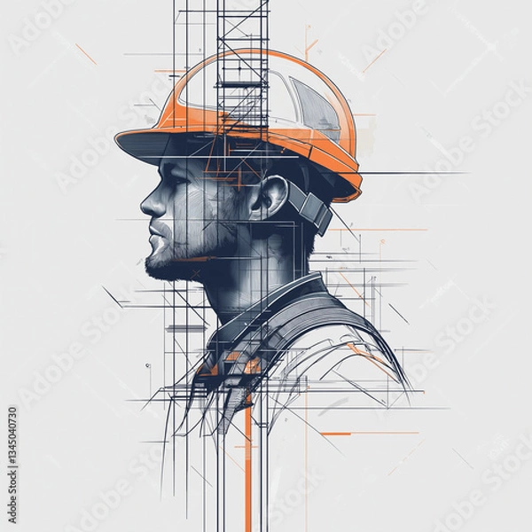 Fototapeta Construction Worker Profile Engineering, Design, Architect, Blueprint, Safety Helmet