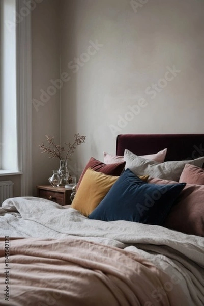 Obraz Cozy bedroom with a comfortable bed adorned with colorful pillows and soft bedding in a serene setting during daylight hours
