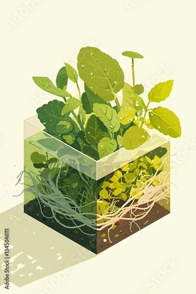 Fototapeta Isometric illustration showing a cube terrarium with water, soil, plant roots, and above-ground foliage on a light background.