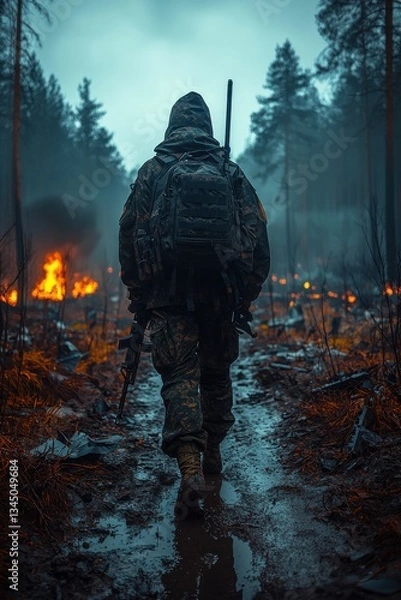 Fototapeta Soldier navigating through a smoky forest landscape during a nighttime operation amid fiery destruction