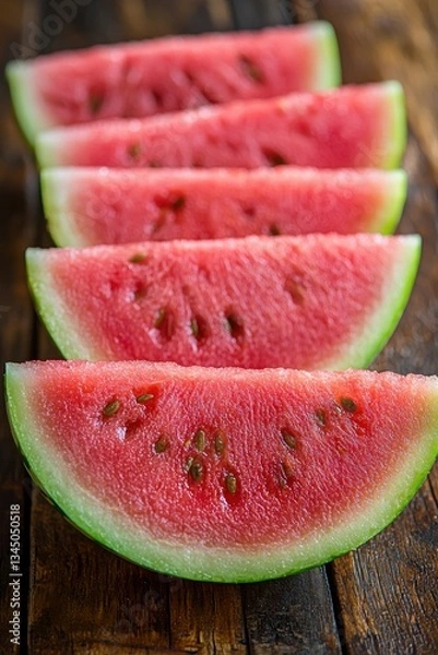 Fototapeta Fresh watermelon slices arranged neatly on a wooden table ready for summer enjoyment during a warm, sunny afternoon