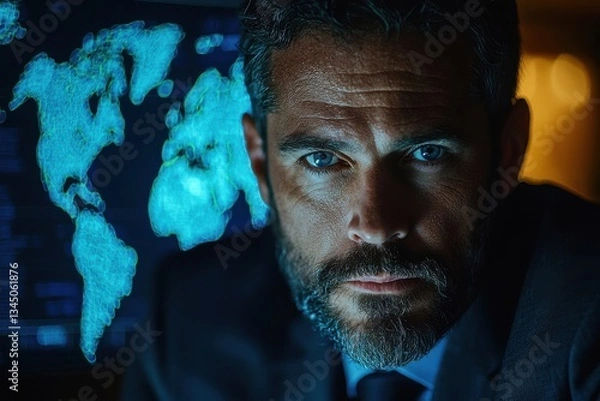 Fototapeta Professional man in a suit analyzing global data with a world map displayed in a dimly lit office environment
