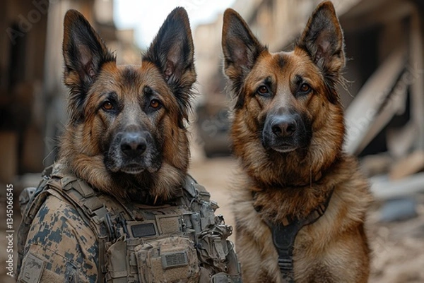 Fototapeta Dogs in tactical gear stand alert in a desolate urban environment at dusk