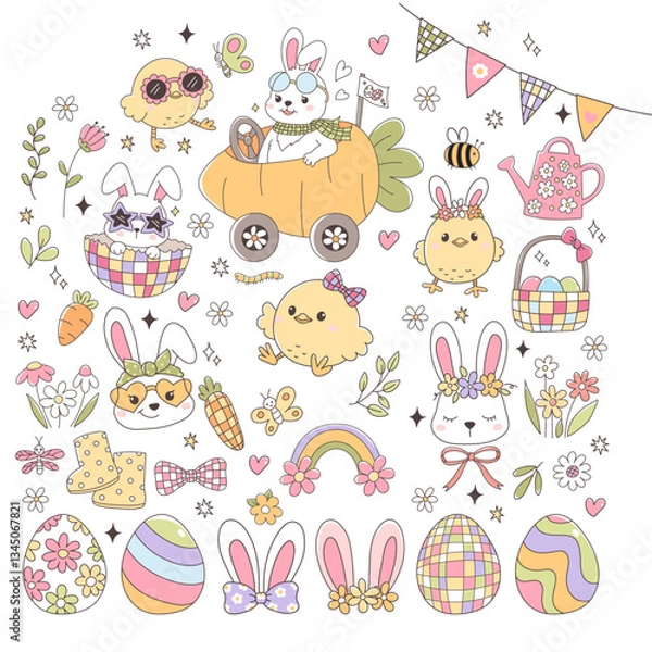 Fototapeta Retro Eater Bunny Vector with Easter Eggs, Chick and Spring Elements Doodle Hand Drawn design