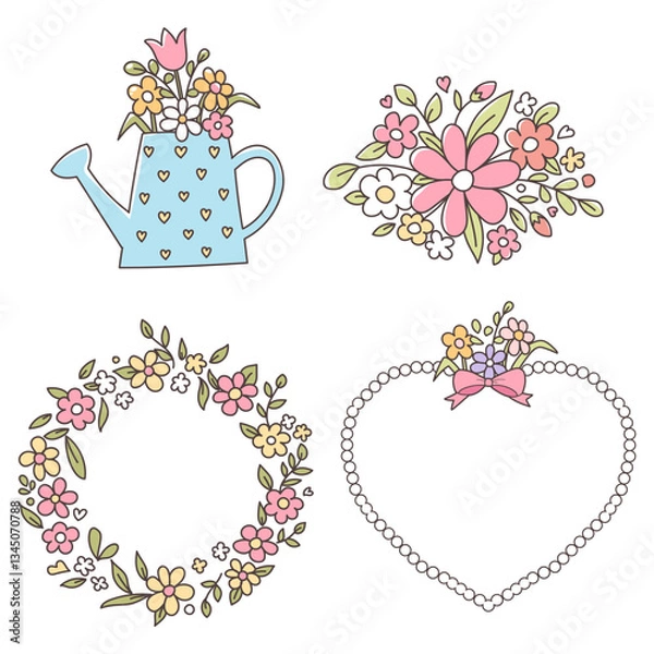 Obraz Hand drawn spring flowers and floral frames, borders Vector botanical decor elements