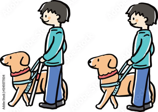 Obraz 盲導犬を連れて散歩する男性のイラストセット(白杖あり、なし)