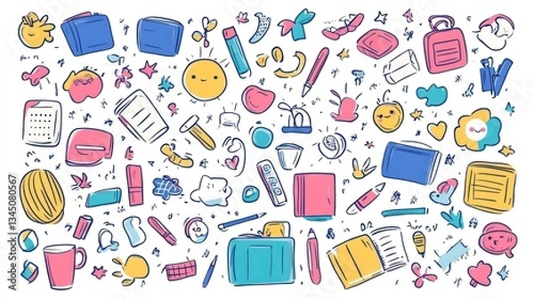 Fototapeta A whimsical collection of colorful illustrated objects arranged randomly