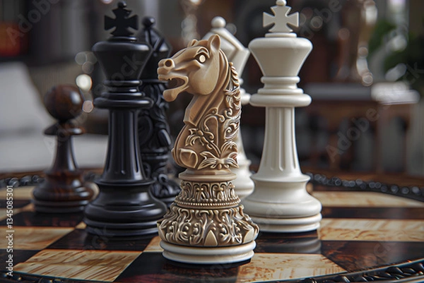 Fototapeta Intricate Game of Strategy: A High-Stakes Battle of Mind and Tactics on a Traditional Chessboard