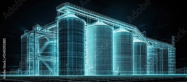 Obraz A detailed glowing representation of large industrial storage structures