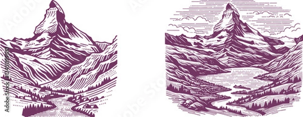 Fototapeta  set of Majestic Matterhorn Alpine Mountain with Serene River Flowing at Its Base Engraved Design pink