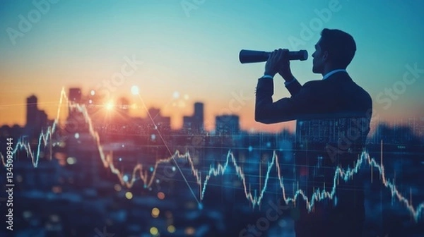 Fototapeta Businessman looking through telescope at city skyline with stock market data overlay