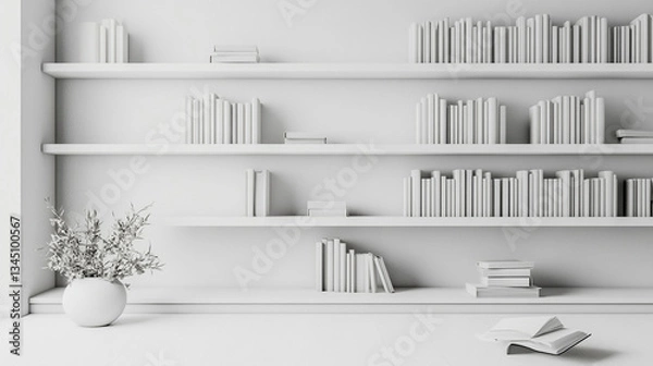 Fototapeta Minimalist interior with white shelves filled with books and a decorative plant in a bright space