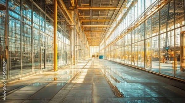 Fototapeta Construction of a high-tech processing plant with extensive glass and metal architecture.