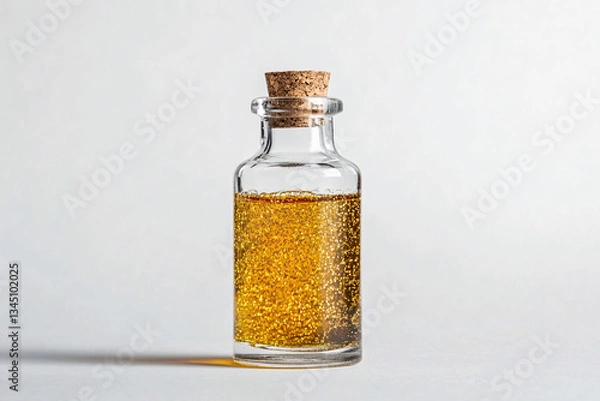 Fototapeta small clear glass bottle filled with golden liquid and sealed with cork placed on light background