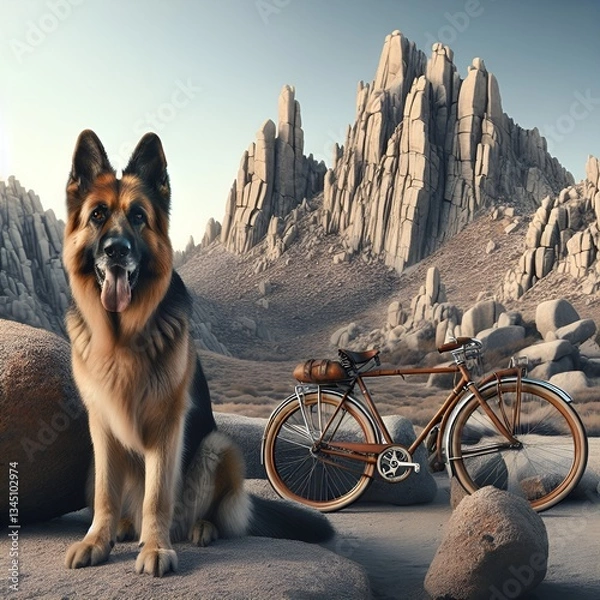 Fototapeta The German shepherd with a shepherd looks directly at the chamber with an open mouth, showing the tongue against the background of a retro bicycle.