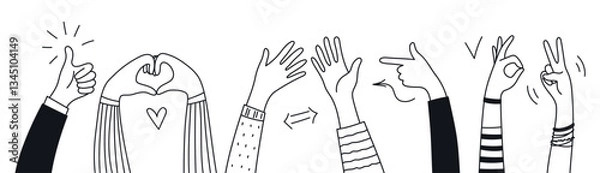 Fototapeta Doodle hands drawn up. Hand gesture, ok, class, hello, clap, love, victory, pointing. Vector illustration