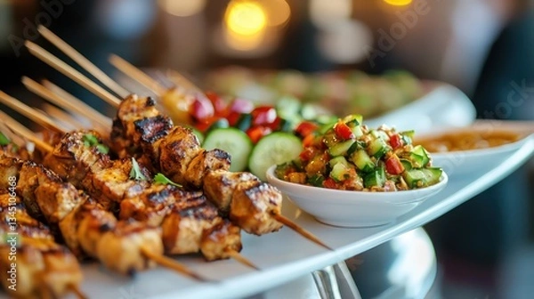 Fototapeta Grilled chicken skewers, salsa, and cucumber salad on a platter, restaurant background; food photography