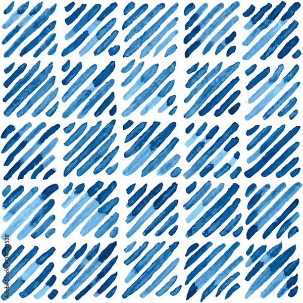 Fototapeta Indigo blue hand painted diagonal lines squares background. Seamless vector pattern