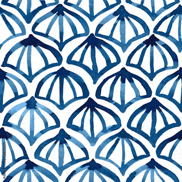 Fototapeta Watercolour blue Japanese pattern of scallops, shell shapes seamless vector