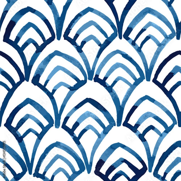 Fototapeta Art Deco style blue watercolour seamless vector pattern with scallops