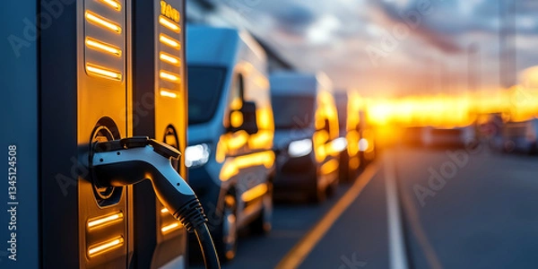 Obraz Electric vehicle charging station at sunset with multiple vans in background, showcasing modern transportation technology and sustainability