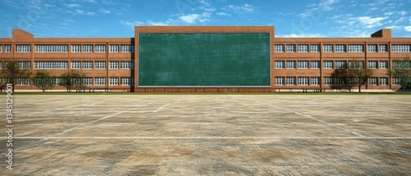 Obraz A large brick school building with a chalkboard and yard