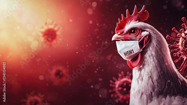 Fototapeta A chicken wearing protective mask labeled H5N1 against red background with virus particles, symbolizing spread of avian influenza