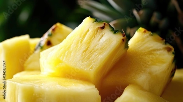 Fototapeta Close-up of diced pineapple chunks.  Juicy, yellow segments are stacked and showcased