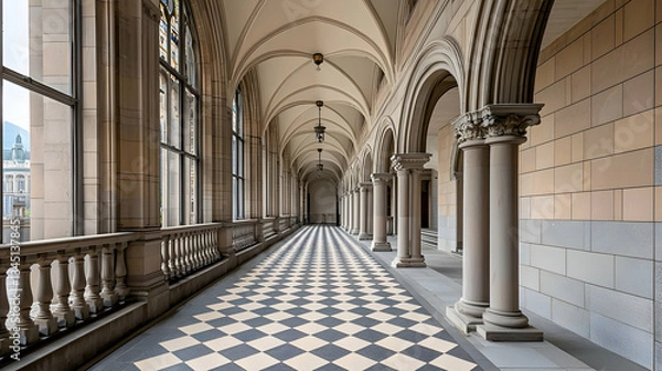 Fototapeta Elegant Hallway With Geometric Tiled Floor Columns Arches Windows and Detailed Architecture in Daylight