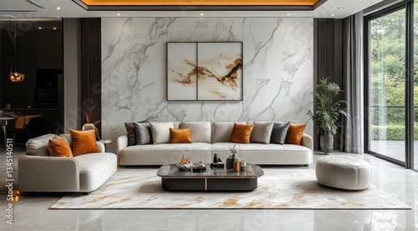 Fototapeta Modern living room interior design with marble accent wall and large windows