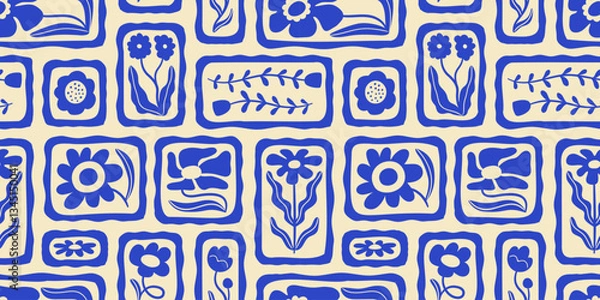 Fototapeta Blue floral seamless pattern illustration. Vintage style flower frame background design. Geometric natural wallpaper print, spring season nature backdrop texture with flowers.
