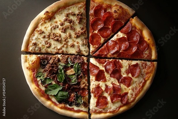 Fototapeta Delicious pizza showcasing four unique flavors on a rustic wooden table