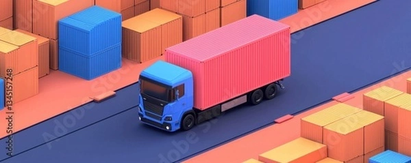 Fototapeta A colorful truck navigates through a vibrant shipping yard filled with stacked containers in various shades.
