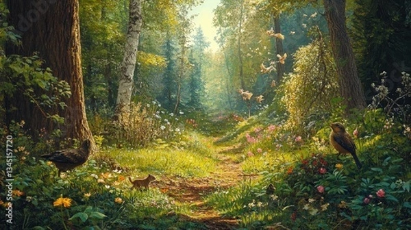 Fototapeta Lush Forest Pathway with Birds, Squirrel, and Vibrant Flora in a Sunlit Natural Setting