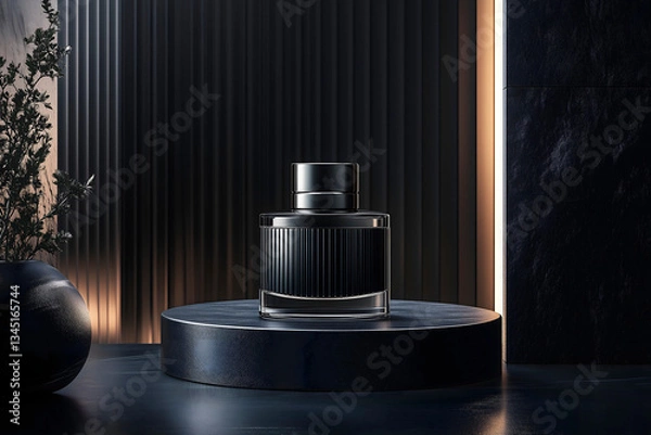 Fototapeta black perfume bottle on a reflective surface, surrounded by soft candlelight and elegant décor. The ambiance is sophisticated, mysterious, and luxurious, evoking deep sensuality.