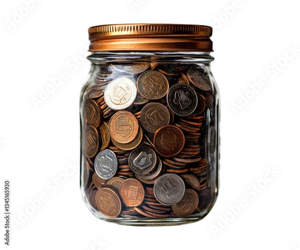 Obraz Jar Filled with Assorted Coins Displaying Different Currency Types and Values