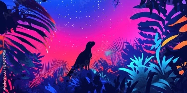 Obraz A silhouetted dinosaur observes the colorful night sky filled with stars