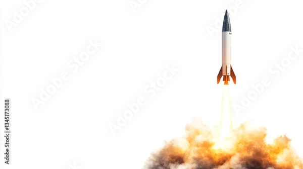 Obraz Rocket Launch With Fire And Smoke On White Background