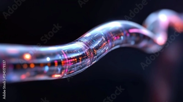 Fototapeta Abstract futuristic data pipeline.  A glowing, transparent tube, shaped like a ribbon, shows glowing components inside