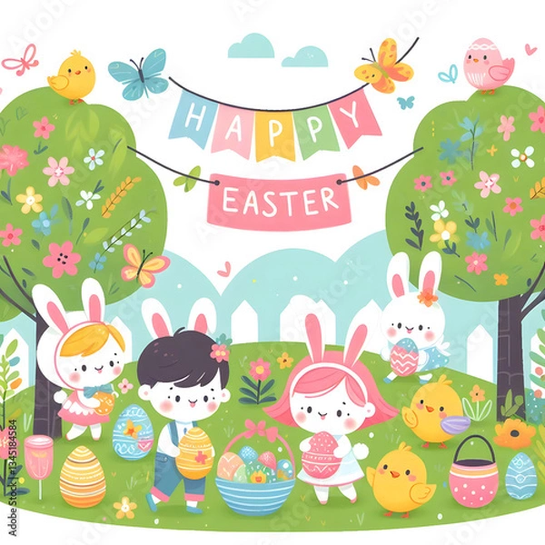 Fototapeta Easter Garden Illustration, Children Egg Hunt with Bunny Suits and Chicks, Kid-Friendly Easter Egg Hunt Clipart, bunny costumes, Pastel Garden Illustration with Children and Chicks. Generative ai