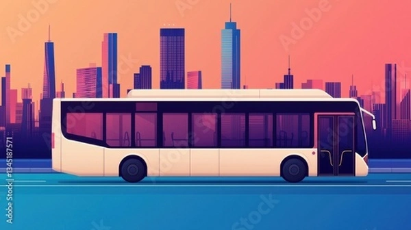 Fototapeta A sleek bus drives past a vibrant city skyline during sunset, showcasing modern architecture and dynamic colors.