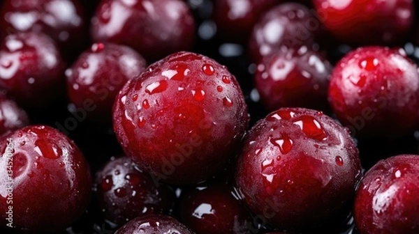 Fototapeta Close-up of fresh, plump cherries, glistening with water droplets